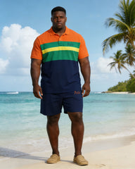 Men's Large Size Contrast Color Chest Small Label Printed Short-sleeved Polo Shirt And Shorts Set