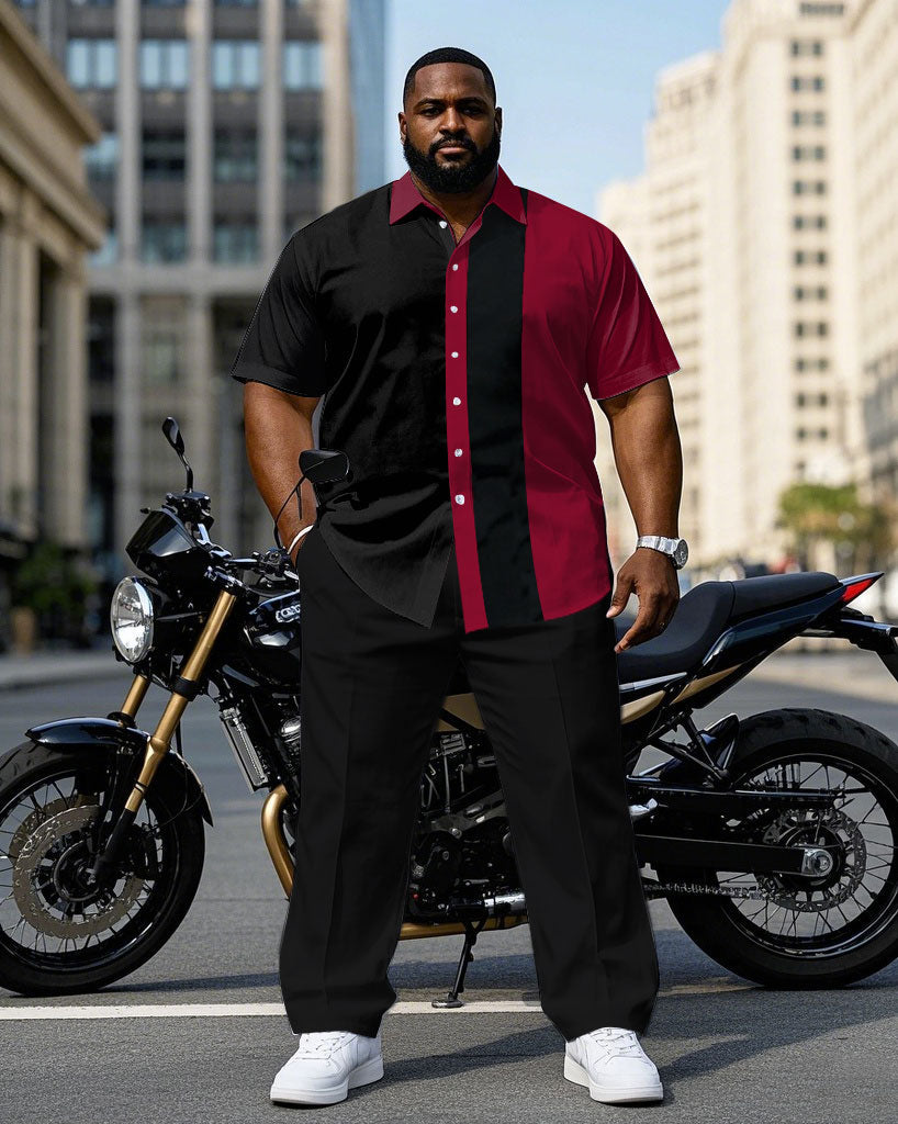 Big & Tall Men's Black & Black Placket Neckline Contrast Short Sleeve Shirt Trousers Set