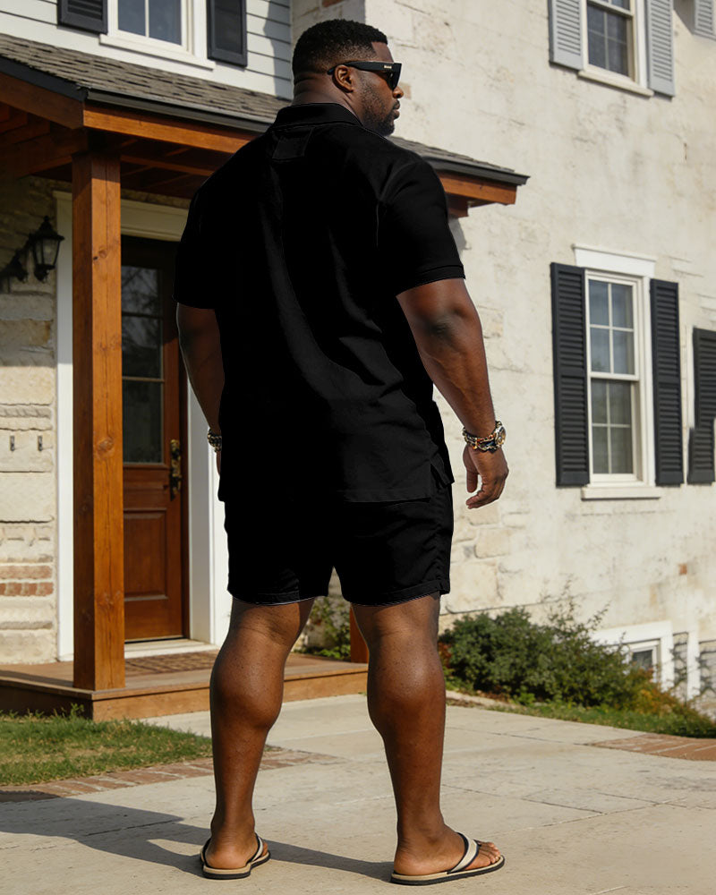 Large Size Men's Spring And Summer Leisure Vacation Business Party Black Music Pattern Short Sleeve Polo Shirt Shorts Set