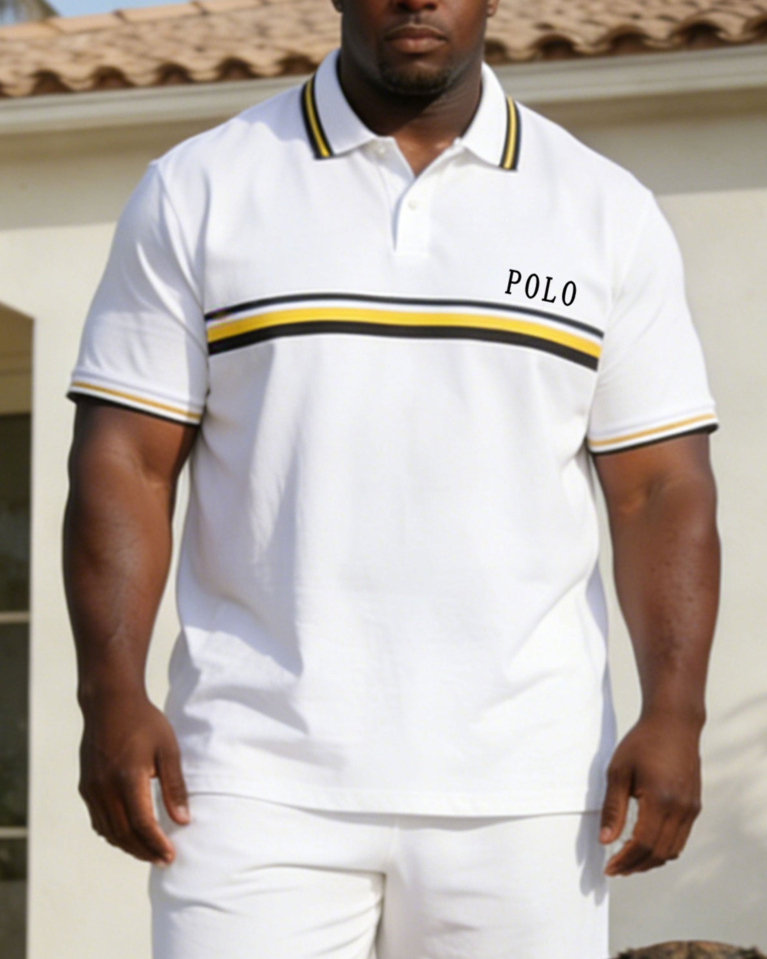 Business Casual Daily Everyone White Short Sleeve Polo Shirt Shorts Set Large Size Men