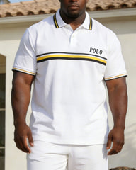 Business Casual Daily Everyone White Short Sleeve Polo Shirt Shorts Set Large Size Men
