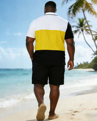 Men's Plus Size Contrast Small Label Printed Short-sleeved Polo Shirt And Shorts Set