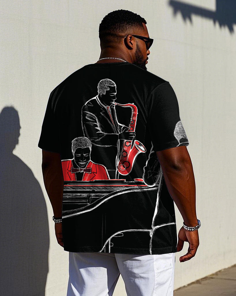 Big & Tall Men's Band Abstract Print Black Loose Short Sleeve T-Shirt