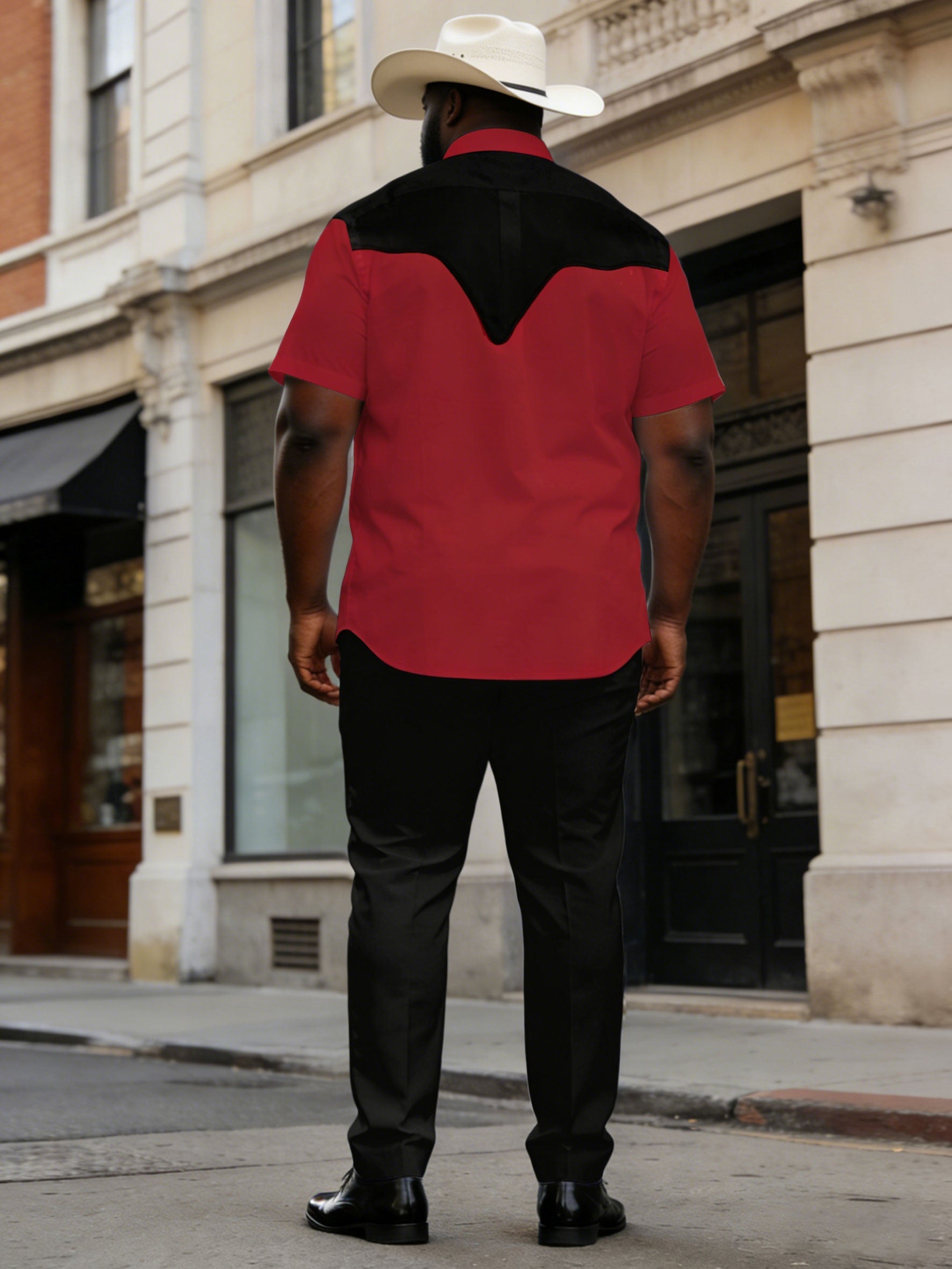 Big & Tall Men's Western Simple Black & Red Short-sleeved Shirt Pants Set