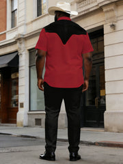 Big & Tall Men's Western Simple Black & Red Short-sleeved Shirt Pants Set