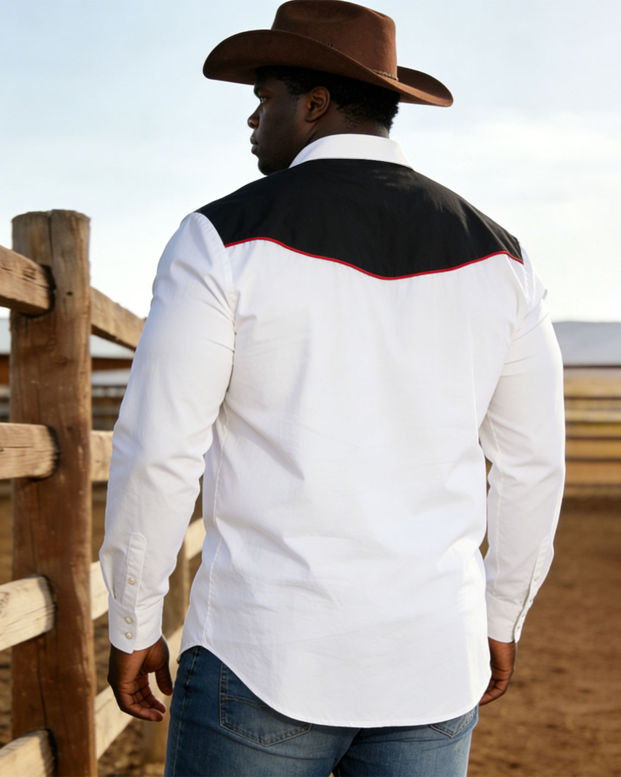 Big & Tall Men's Western Denim White Symmetrical Print Long Sleeve Shirt