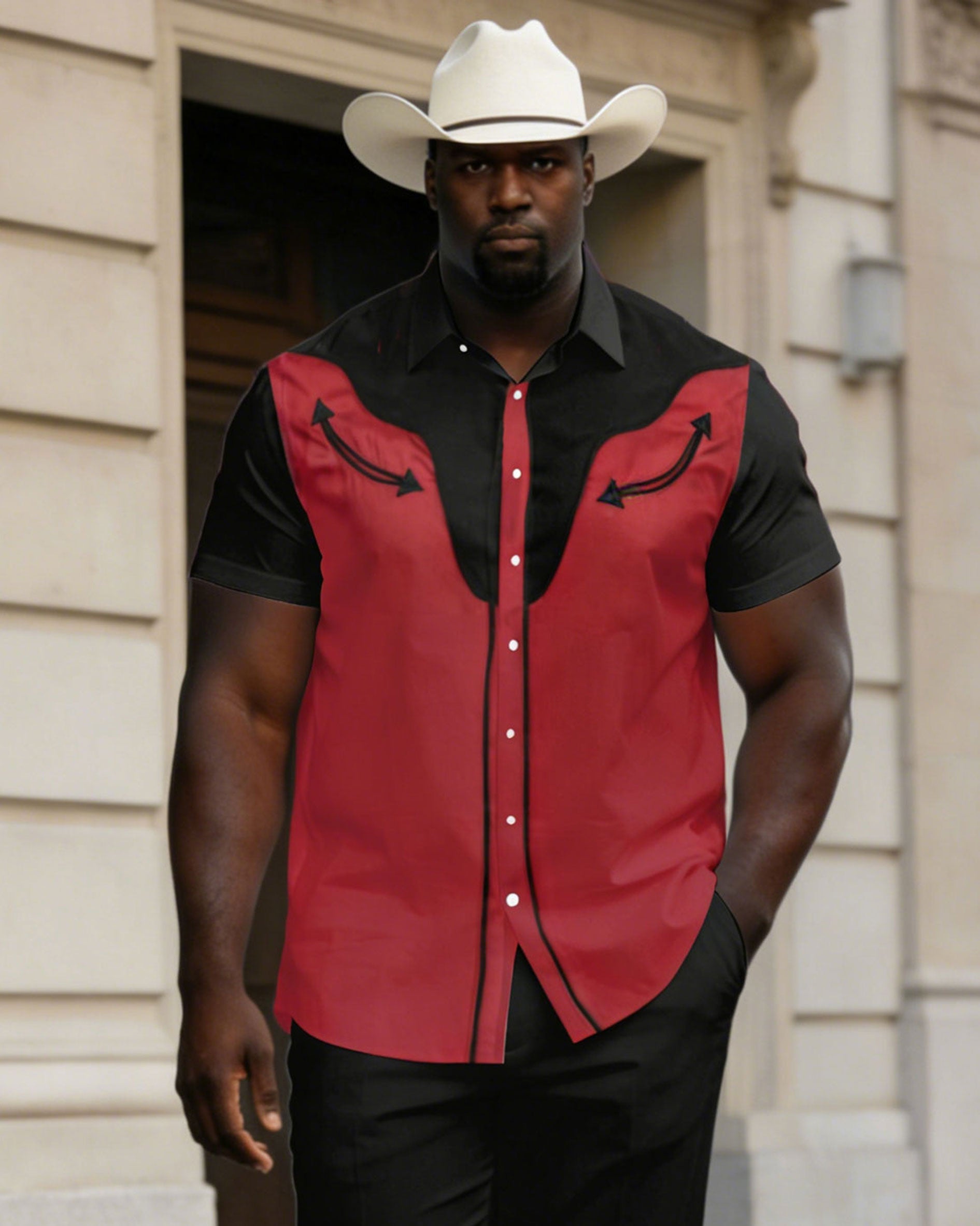 Big & Tall Men's Western Simple Black & Red Short-sleeved Shirt Pants Set