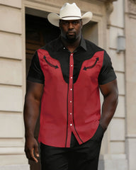 Big & Tall Men's Western Simple Black & Red Short-sleeved Shirt Pants Set