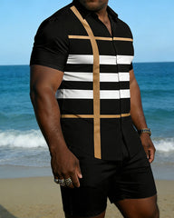 Big & Tall Men's Spring And Summer New Casual Vacation Black Striped Woven Short Sleeve Shirt Shorts Set
