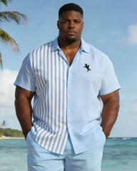 Men's Plus Size Blue Striped Short Sleeve Shirt Shorts Set