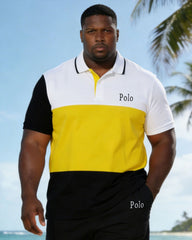 Men's Plus Size Contrast Small Label Printed Short-sleeved Polo Shirt And Shorts Set