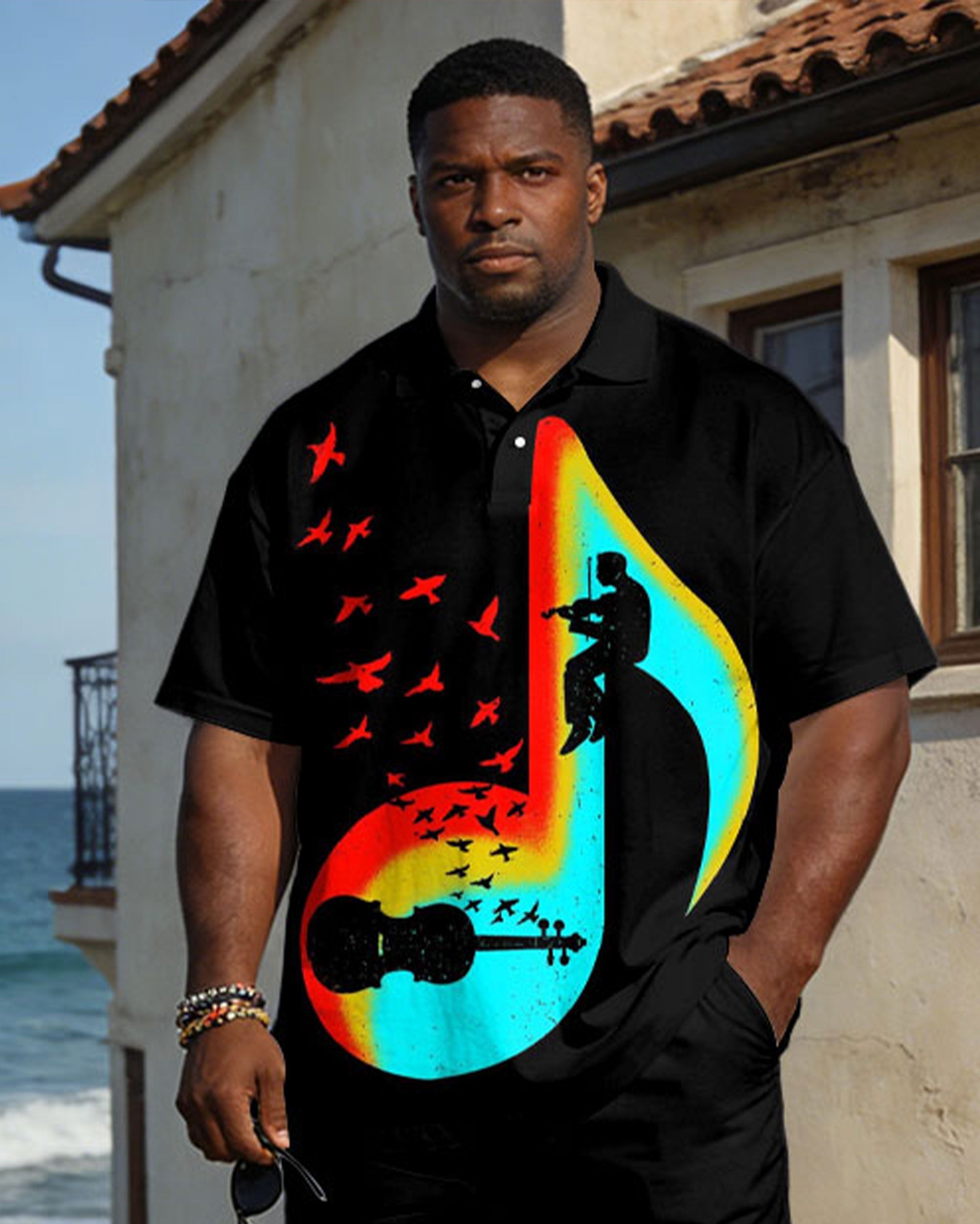 Large Size Men's Spring And Summer Leisure Vacation Business Party Black Music Pattern Short Sleeve Polo Shirt Shorts Set