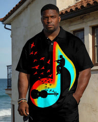 Large Size Men's Spring And Summer Leisure Vacation Business Party Black Music Pattern Short Sleeve Polo Shirt Shorts Set