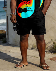 Large Size Men's Spring And Summer Leisure Vacation Business Party Black Music Pattern Short Sleeve Polo Shirt Shorts Set