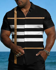 Big & Tall Men's Spring And Summer New Casual Vacation Black Striped Woven Short Sleeve Shirt Shorts Set