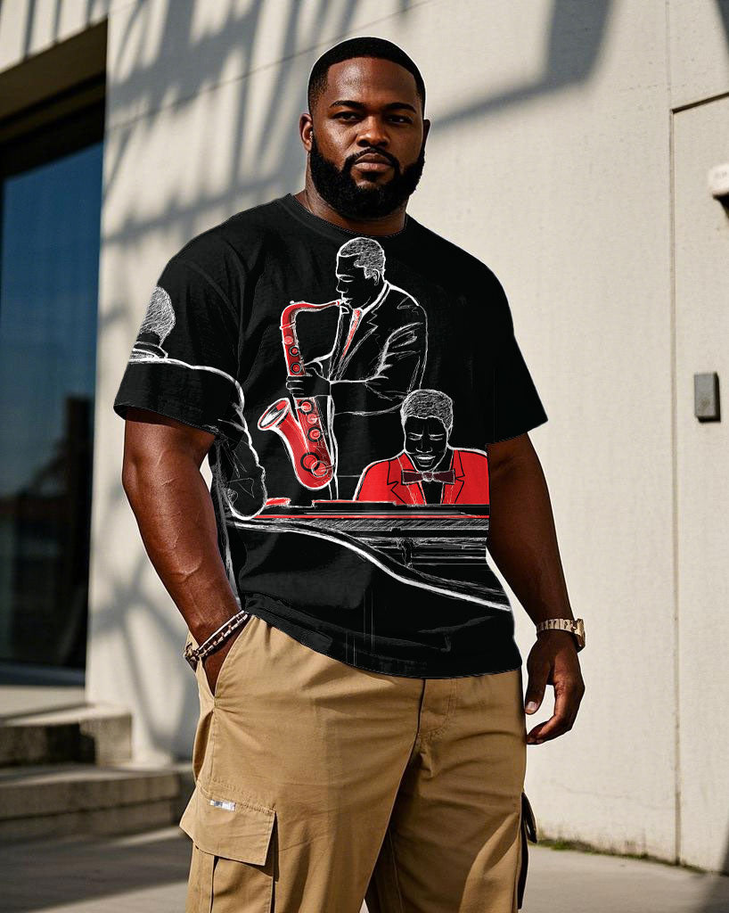 Big & Tall Men's Band Abstract Print Black Loose Short Sleeve T-Shirt