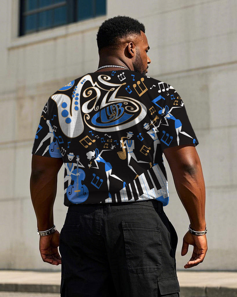 Big & Tall Men's Music Concert Carnival Printed Black Loose Short-sleeved T-shirt