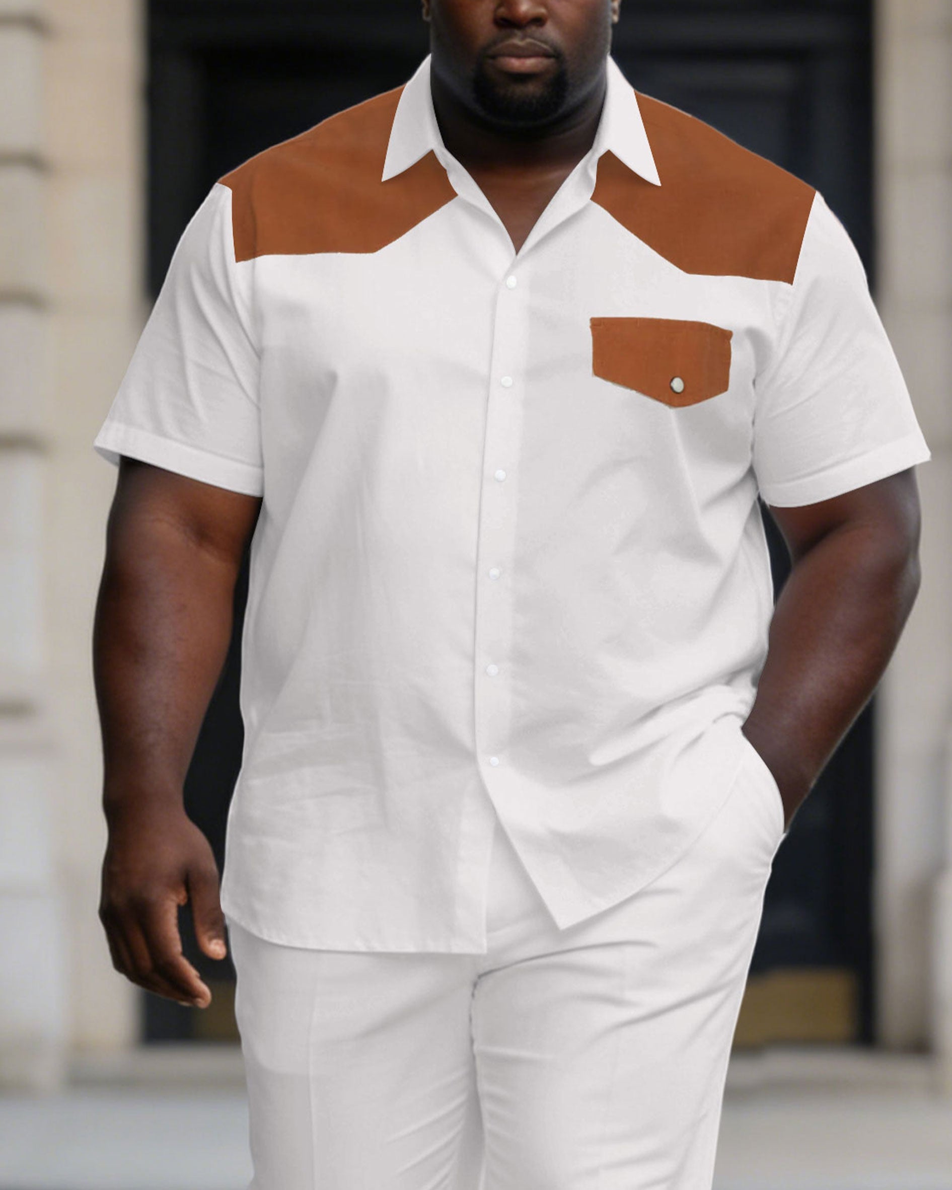 Big & Tall Men's Western Classic Khaki & White Short Sleeve Shirt Pants Set