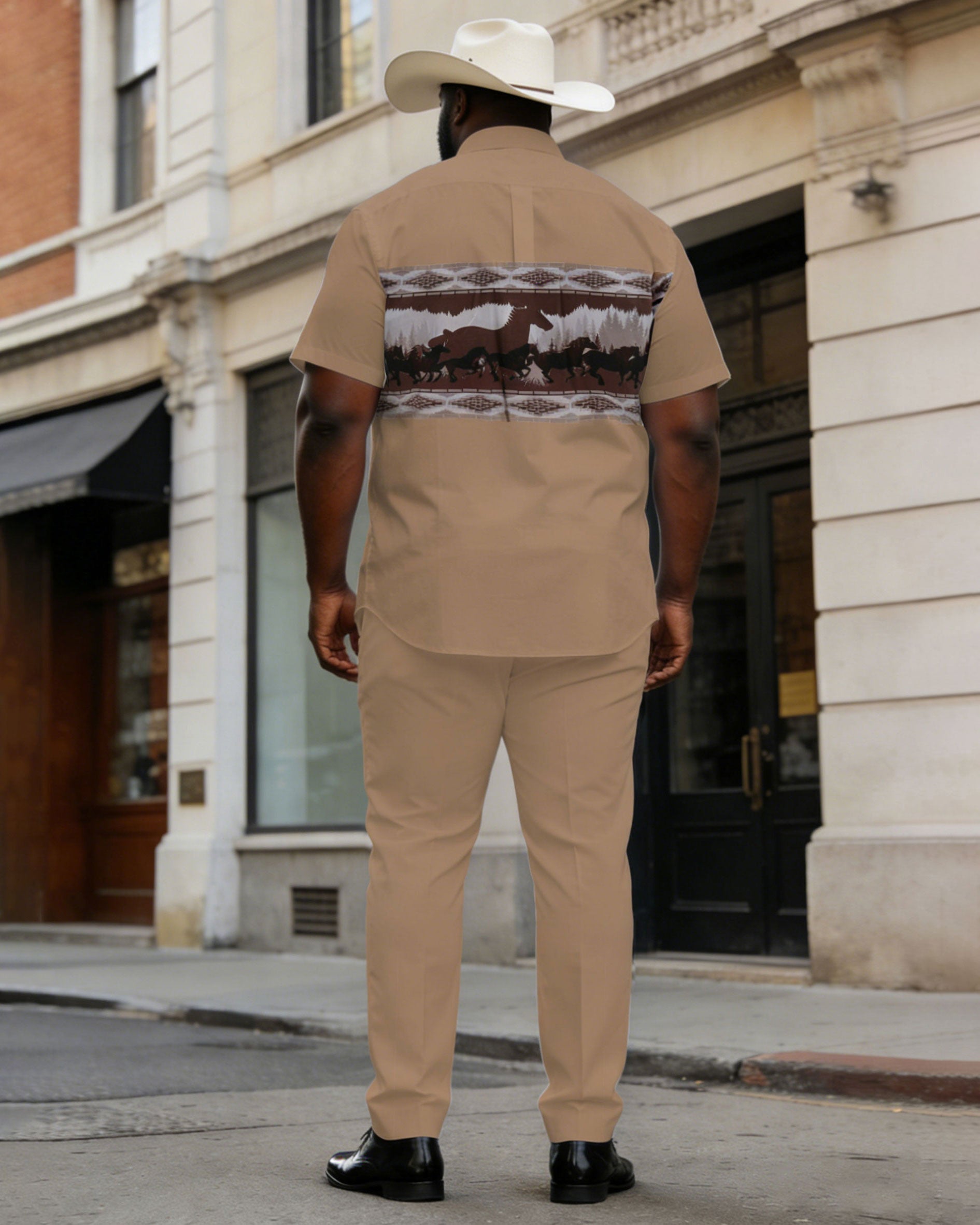 Big & Tall Men's Western Classic Horse Racing Group Pattern Printed Short Sleeve Shirt And Pants Set