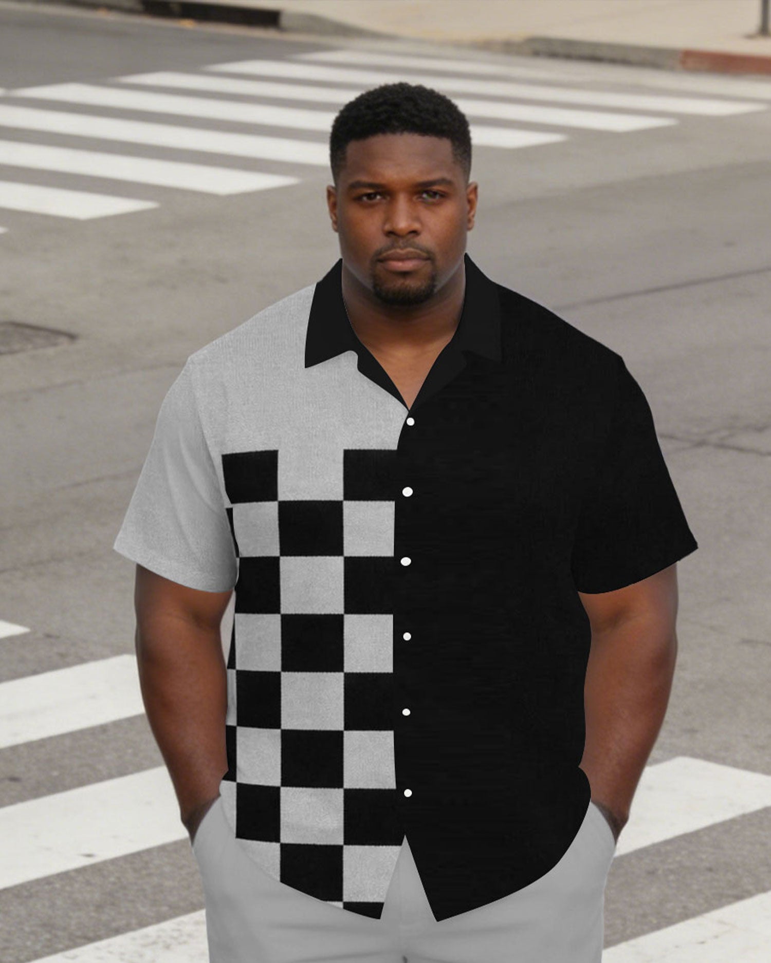 Men's Plus Size Checker & Black Contrast Short Sleeve Shirt Shorts Set