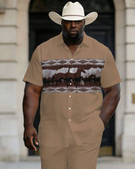 Big & Tall Men's Western Classic Horse Racing Group Pattern Printed Short Sleeve Shirt And Pants Set