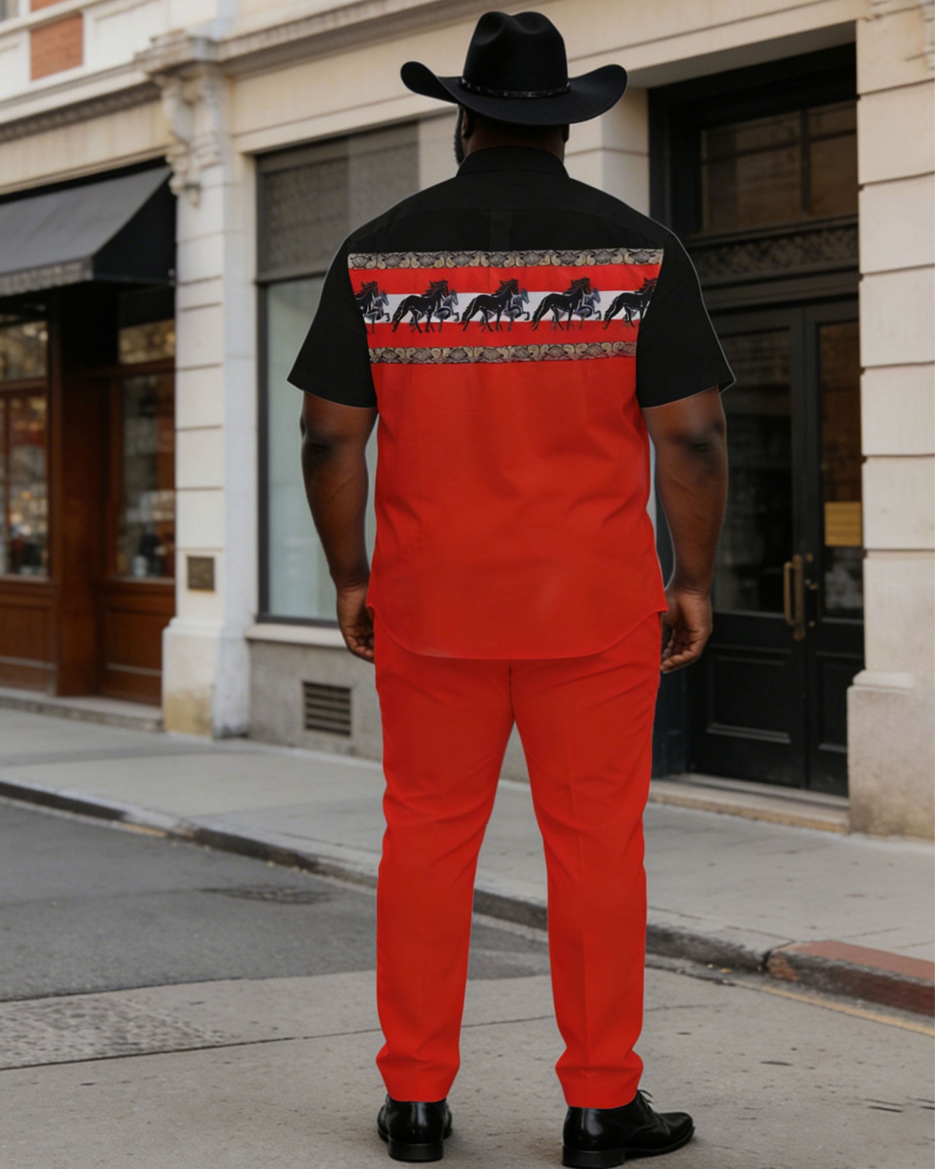 Big & Tall Men's Western Black & Black Hemp Group Pair Printed Short Sleeve Shirt Trousers Suit