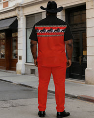 Big & Tall Men's Western Black & Black Hemp Group Pair Printed Short Sleeve Shirt Trousers Suit