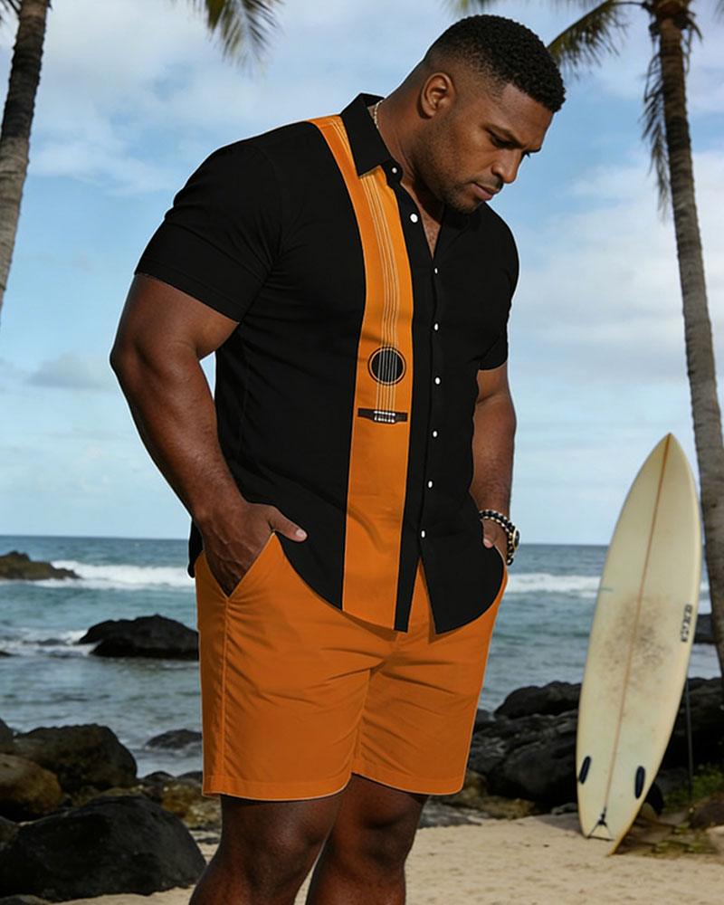Big & Tall Men's Spring And Summer New Leisure Vacation Simple Music Guitar Contrast Color Stitching Short Sleeve Shirt Shorts Set