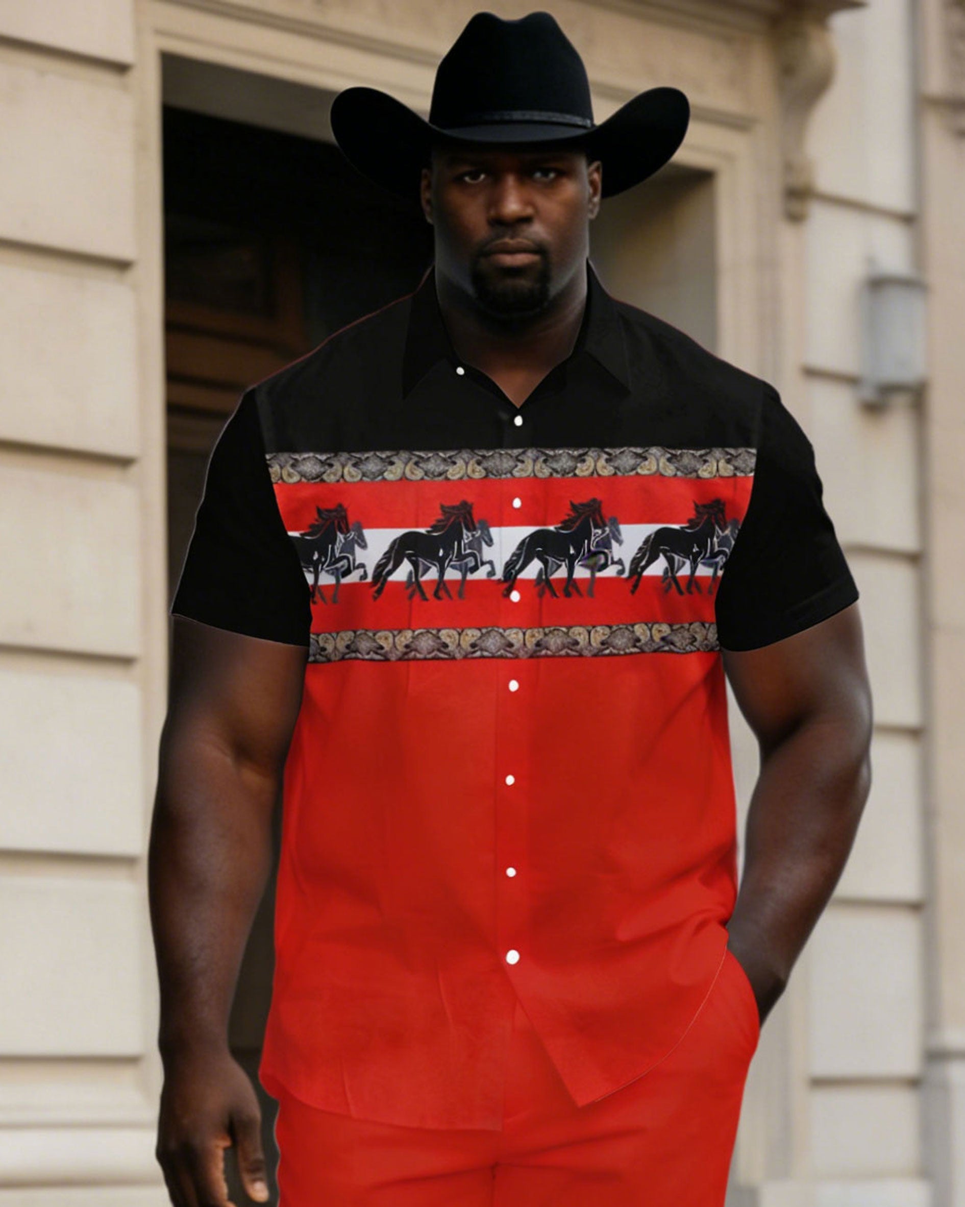 Big & Tall Men's Western Black & Black Hemp Group Pair Printed Short Sleeve Shirt Trousers Suit