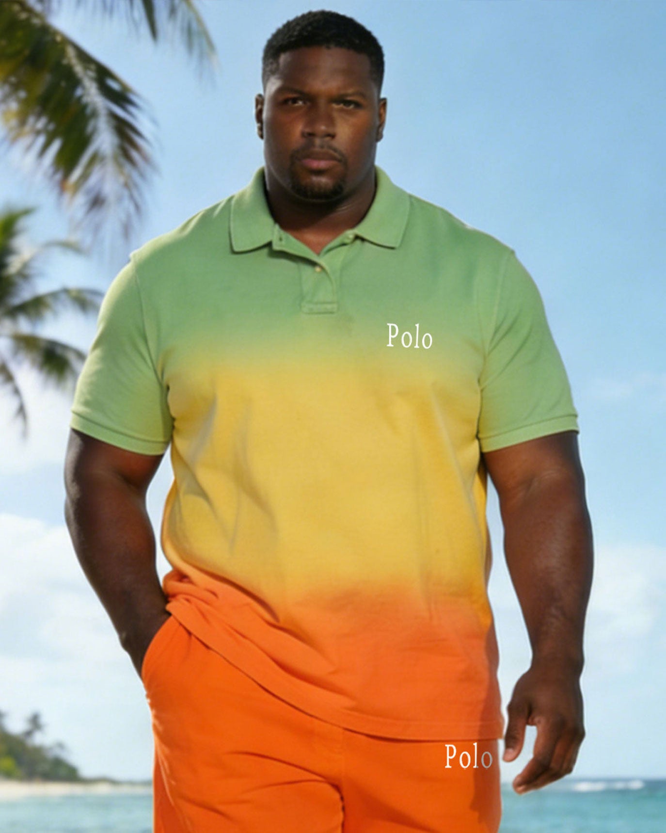 Large Size Men's 3 Color Gradient Short Sleeve POLO Shirt Shorts Set