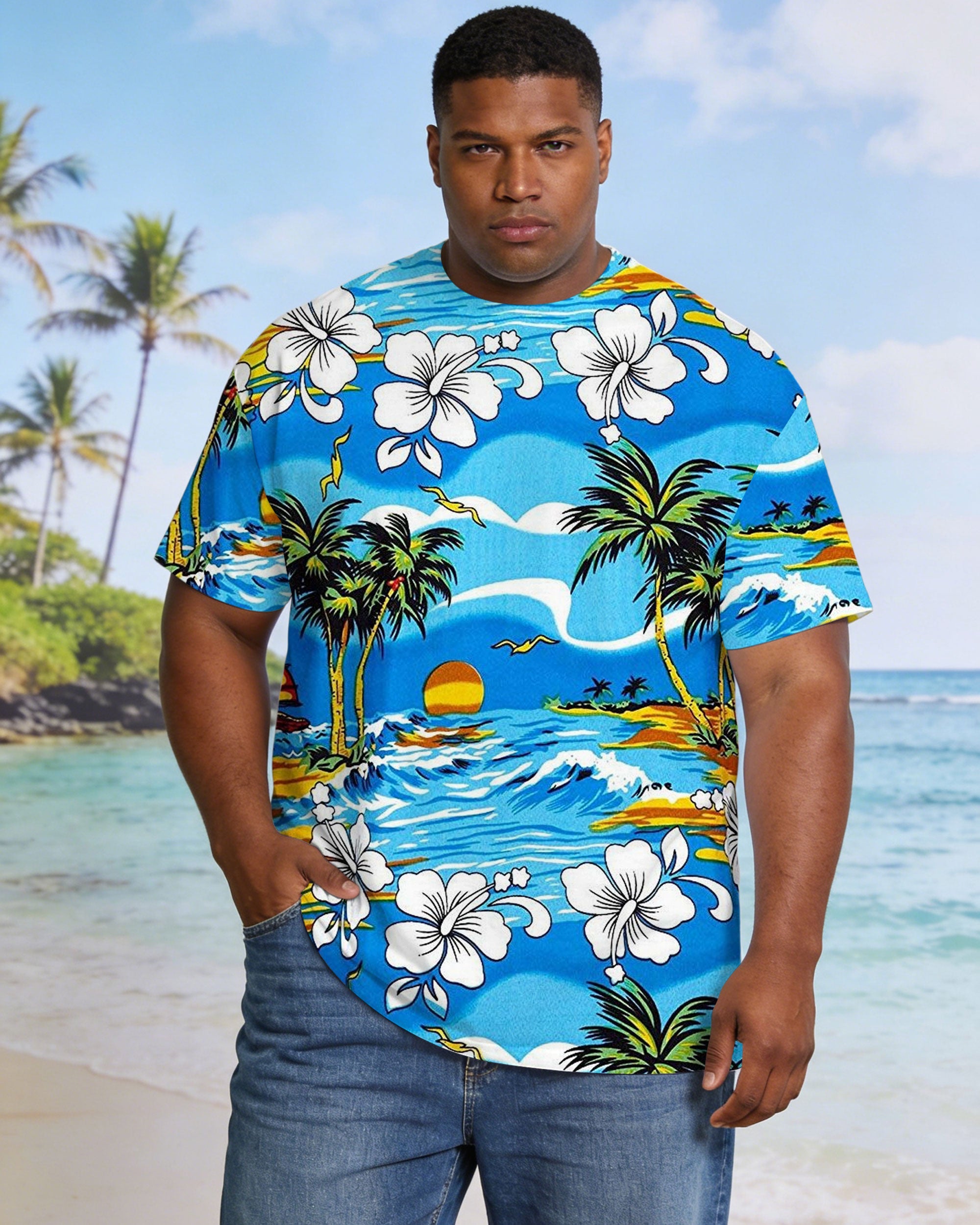 Men's Large Hawaiian Print Short-sleeve T-shirt