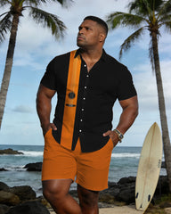 Big & Tall Men's Spring And Summer New Leisure Vacation Simple Music Guitar Contrast Color Stitching Short Sleeve Shirt Shorts Set