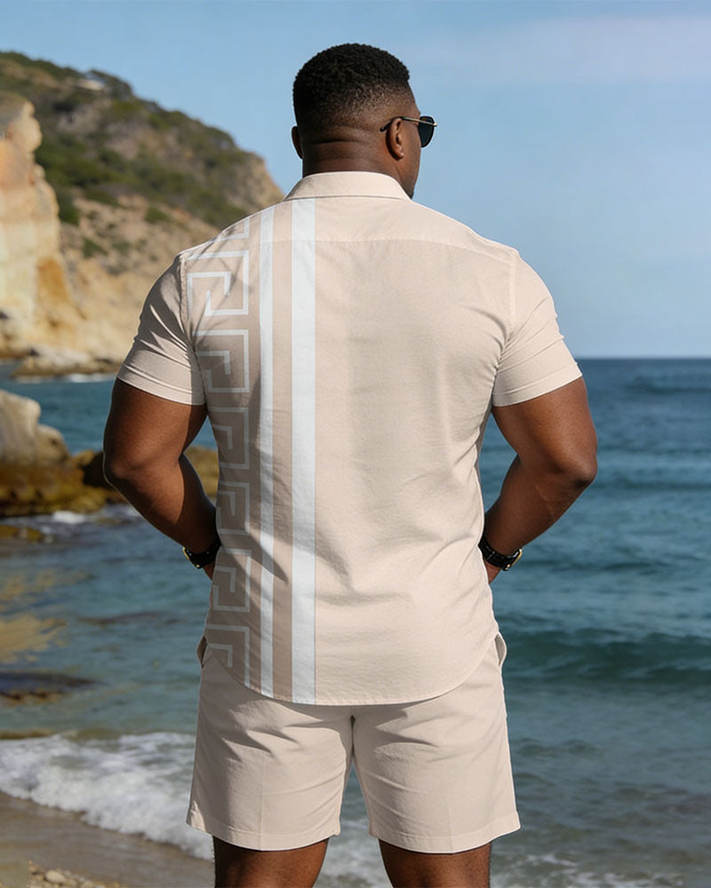 Big & Tall Men's Spring And Summer New Leisure Vacation Simple Retro Geometric Apricot Pink Short Sleeve Shirt Shorts Set