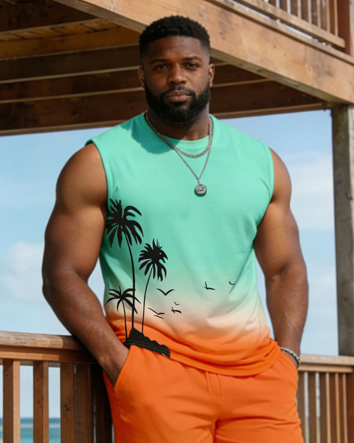 Men's Plus Size Hawaiian Print Vacation Tank Shorts Set