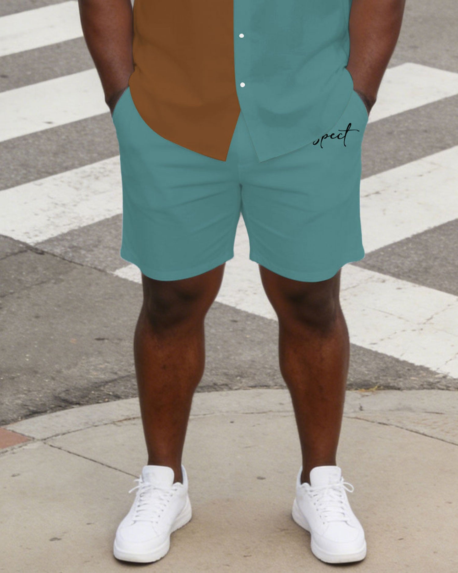 Large Size Men's Tricolor Contrast Short Sleeve Shirt And Shorts Set