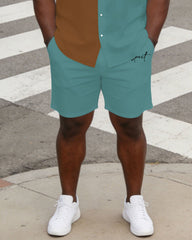 Large Size Men's Tricolor Contrast Short Sleeve Shirt And Shorts Set