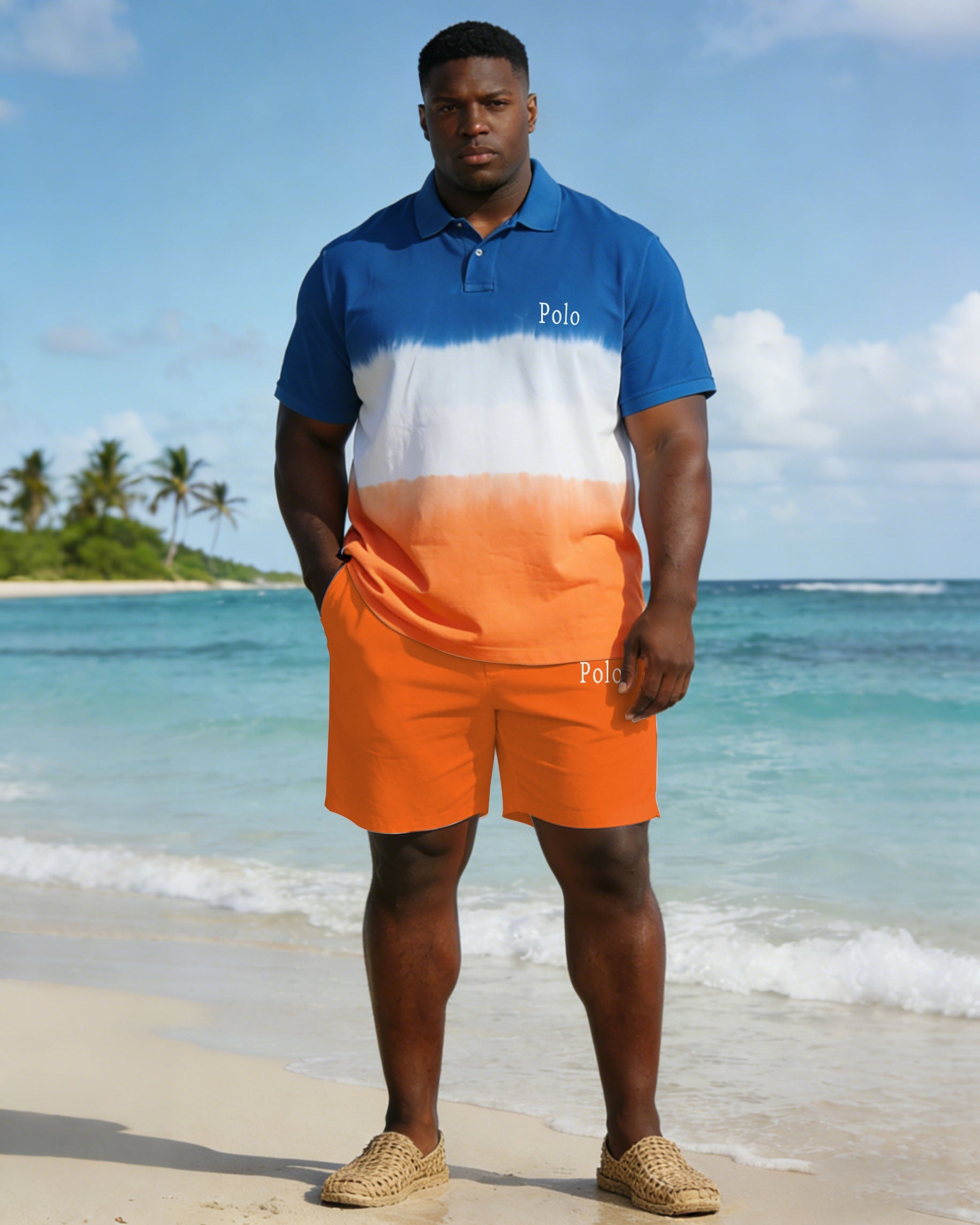 Large Size Men's 3 Color Gradient Chest Small Label Short Sleeve POLO Shirt Shorts Set