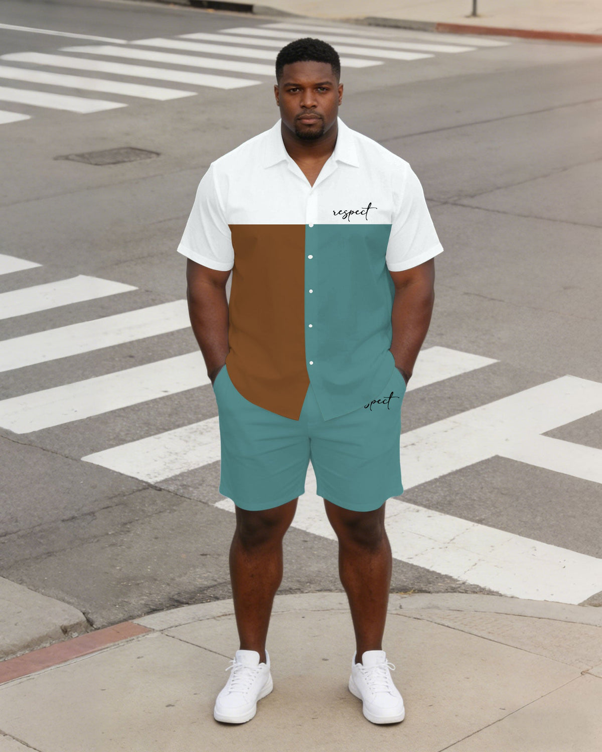 Large Size Men's Tricolor Contrast Short Sleeve Shirt And Shorts Set
