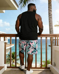 Men's Plus Size Plant Print Black Vest Shorts Set