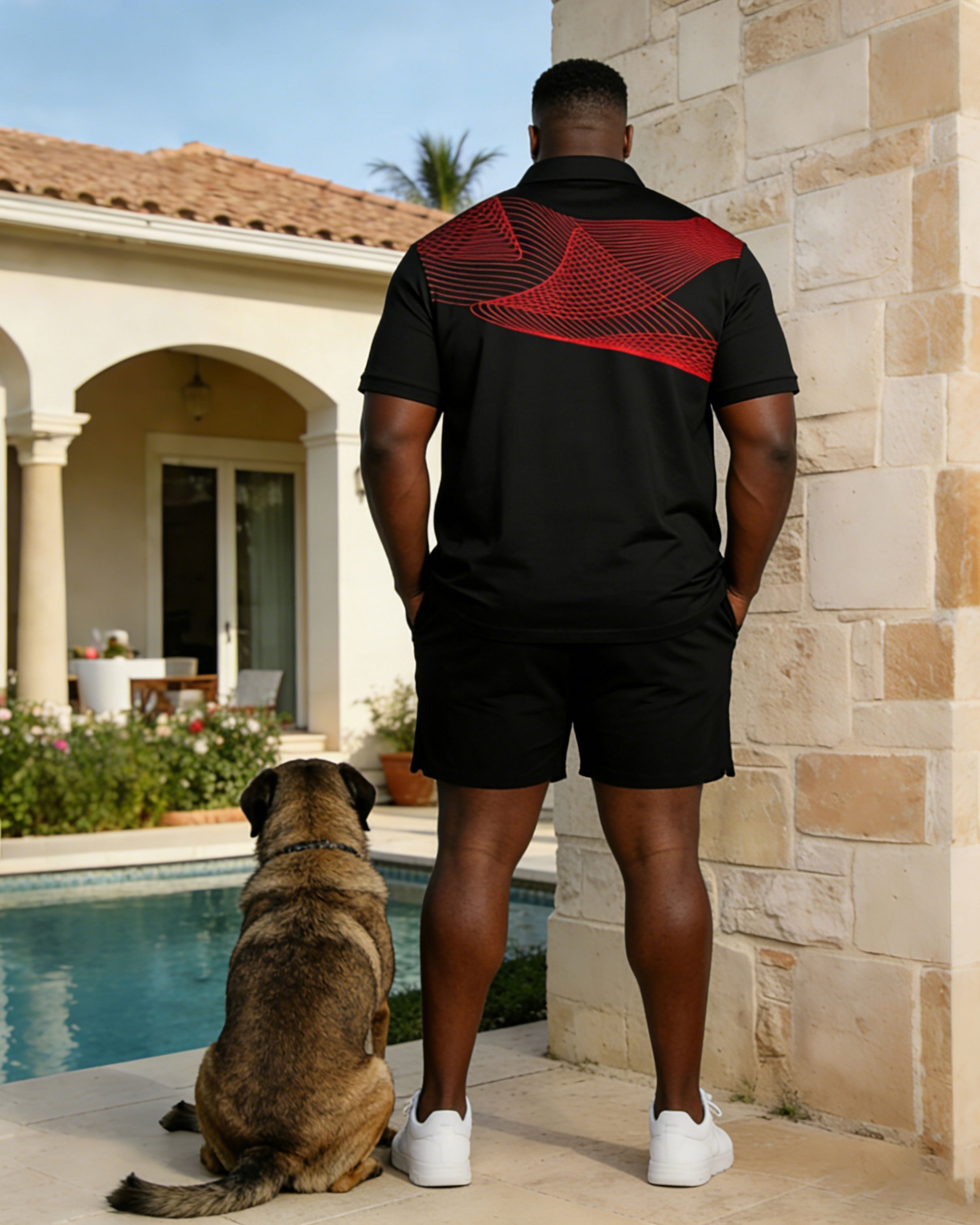 Black Linear Geometric Print Polo Shirt Shorts Set Large Size Men