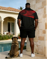 Black Linear Geometric Print Polo Shirt Shorts Set Large Size Men