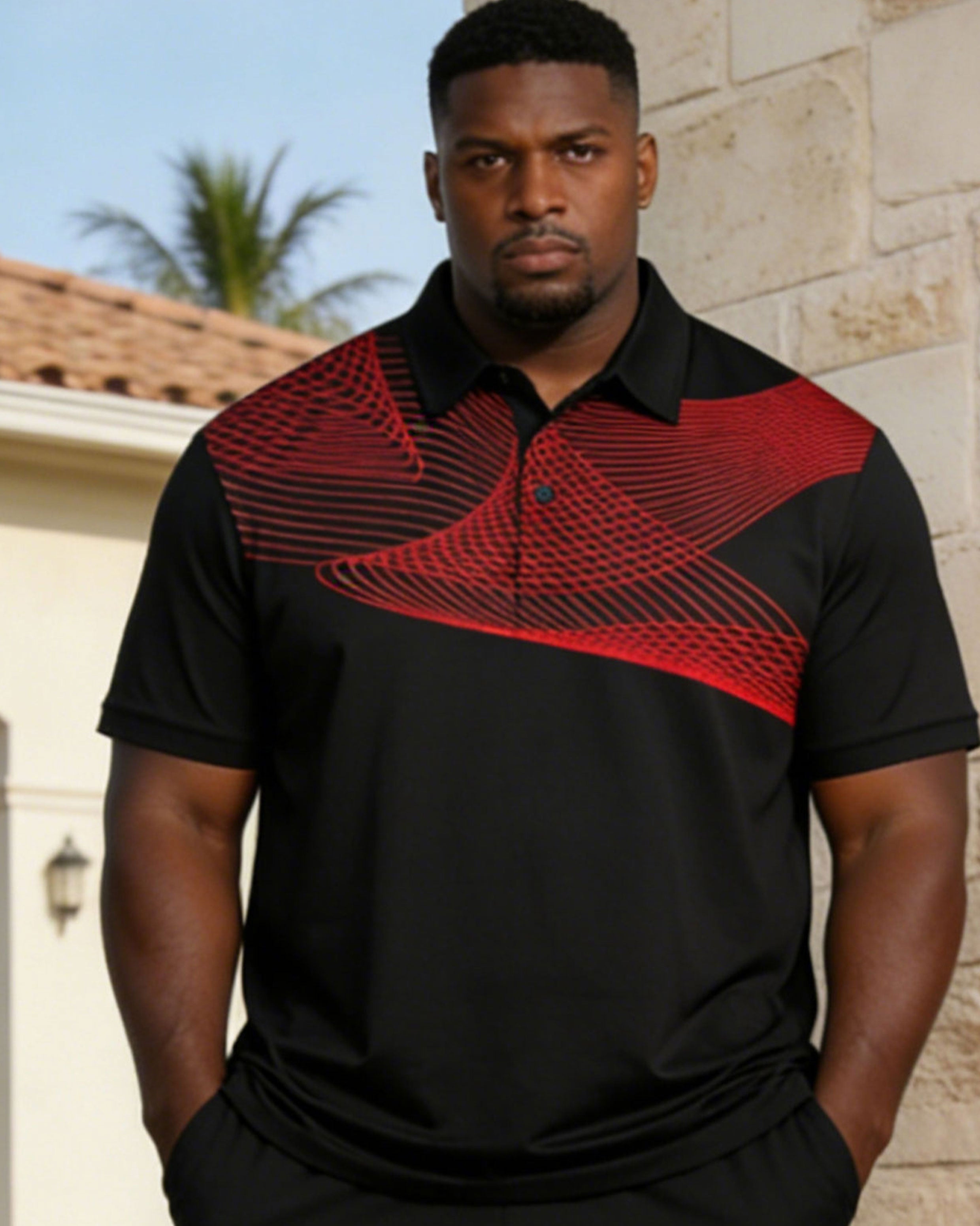 Black Linear Geometric Print Polo Shirt Shorts Set Large Size Men