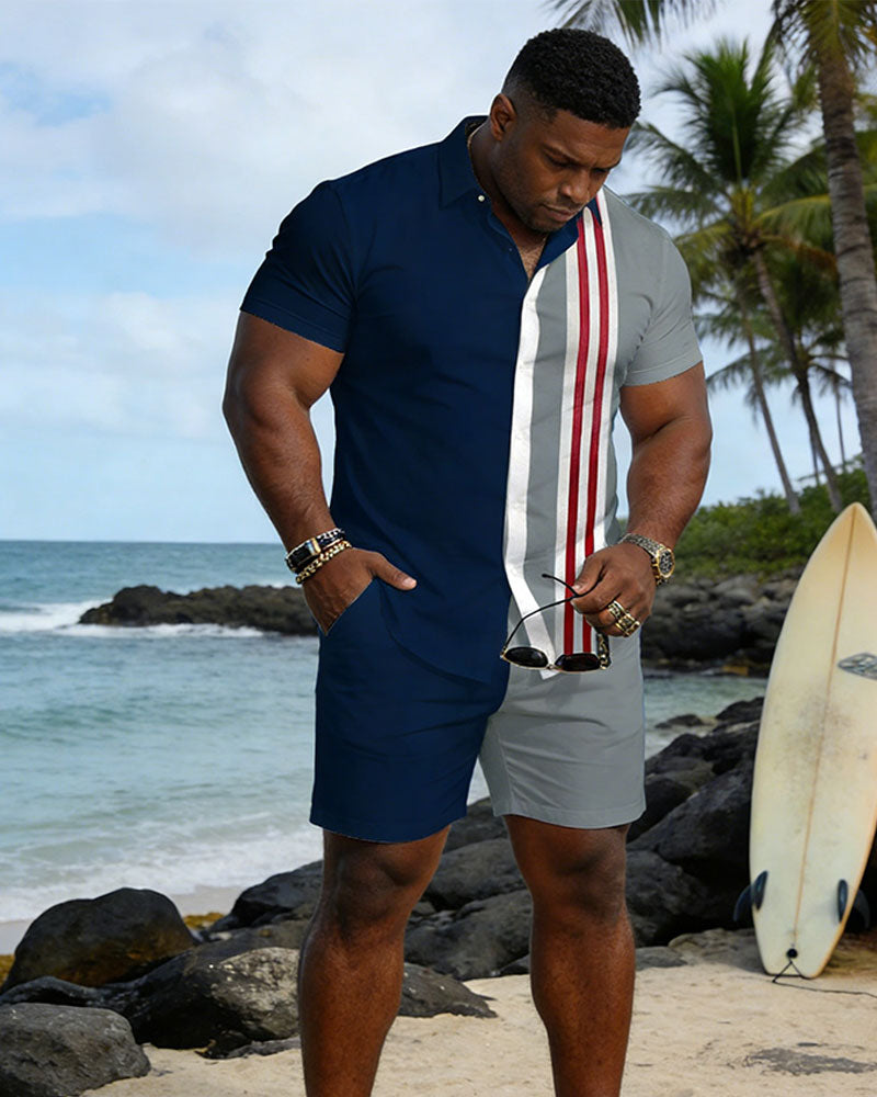 Big & Tall Men's Spring And Summer New Casual Vacation Simple Sparky Blue & Grey Striped Contrast Short Sleeve Shirt Shorts Set