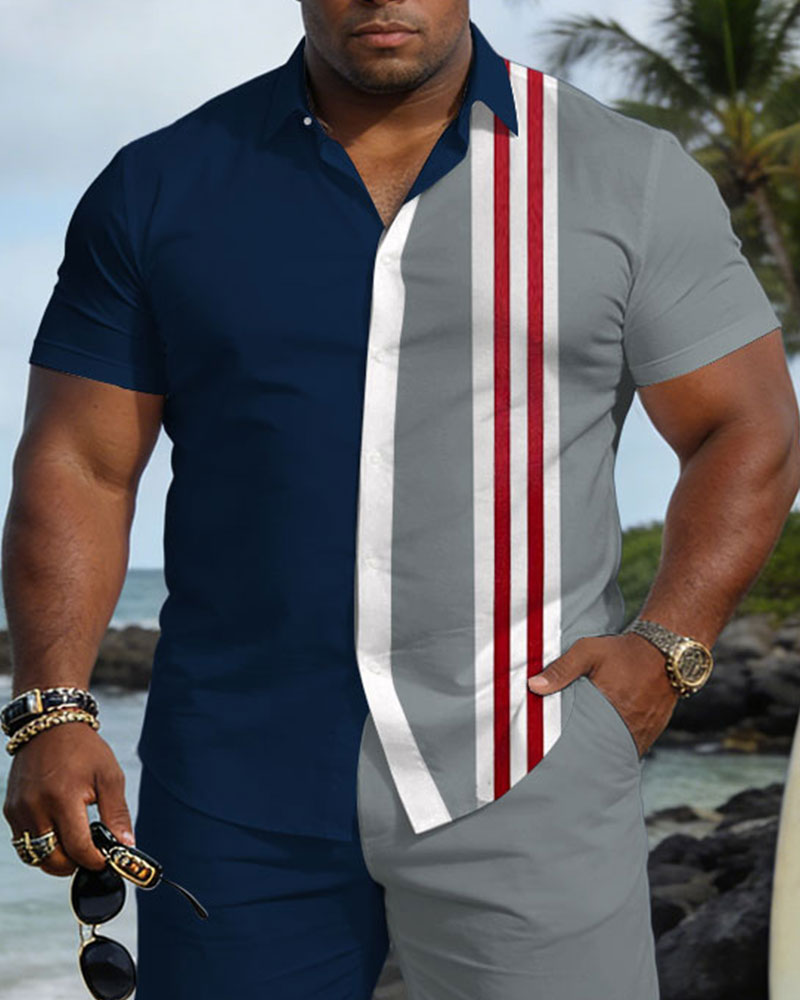 Big & Tall Men's Spring And Summer New Casual Vacation Simple Sparky Blue & Grey Striped Contrast Short Sleeve Shirt Shorts Set