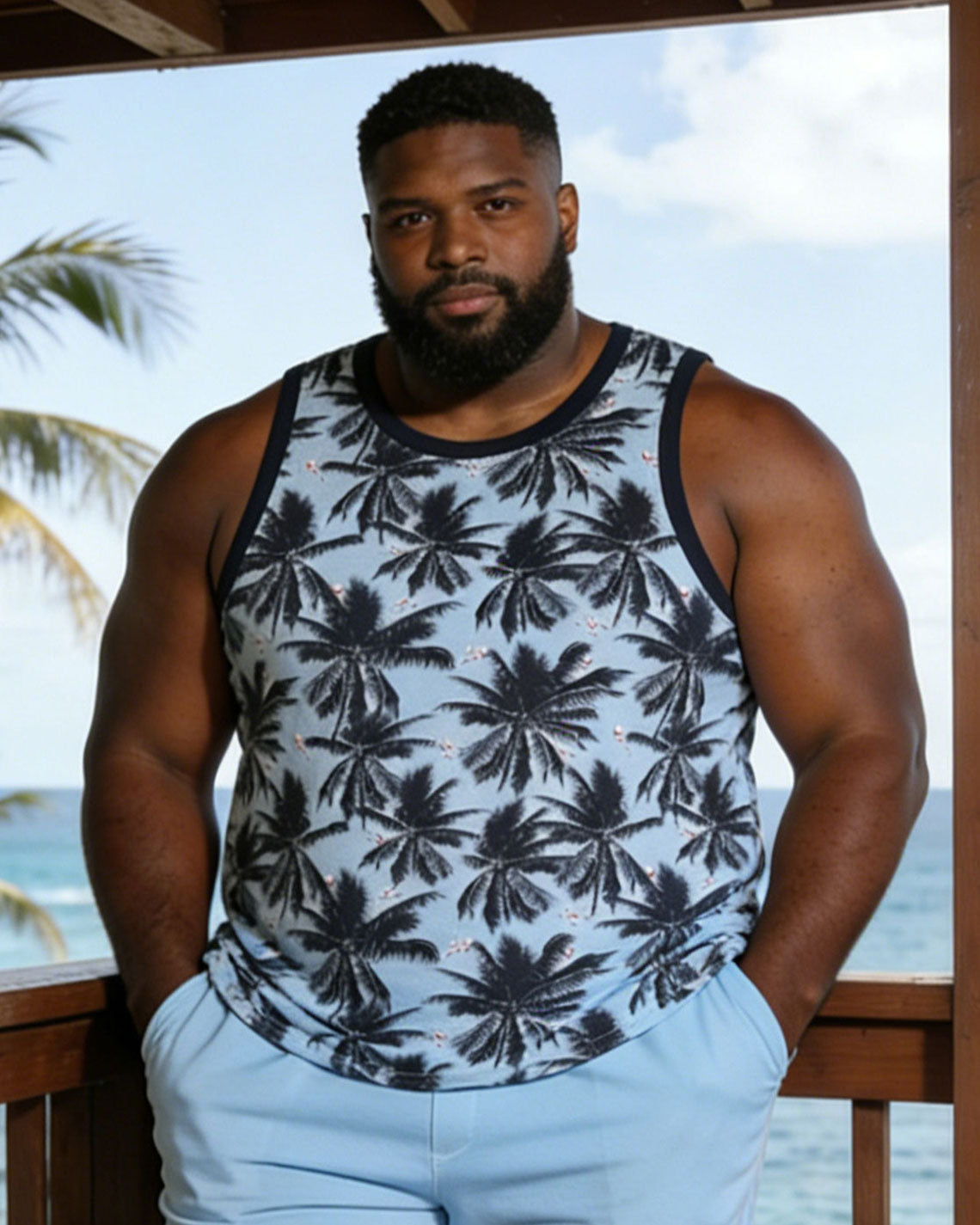 Leaves Quartet Continuous Print Blue Vest Shorts Set Large Size Men
