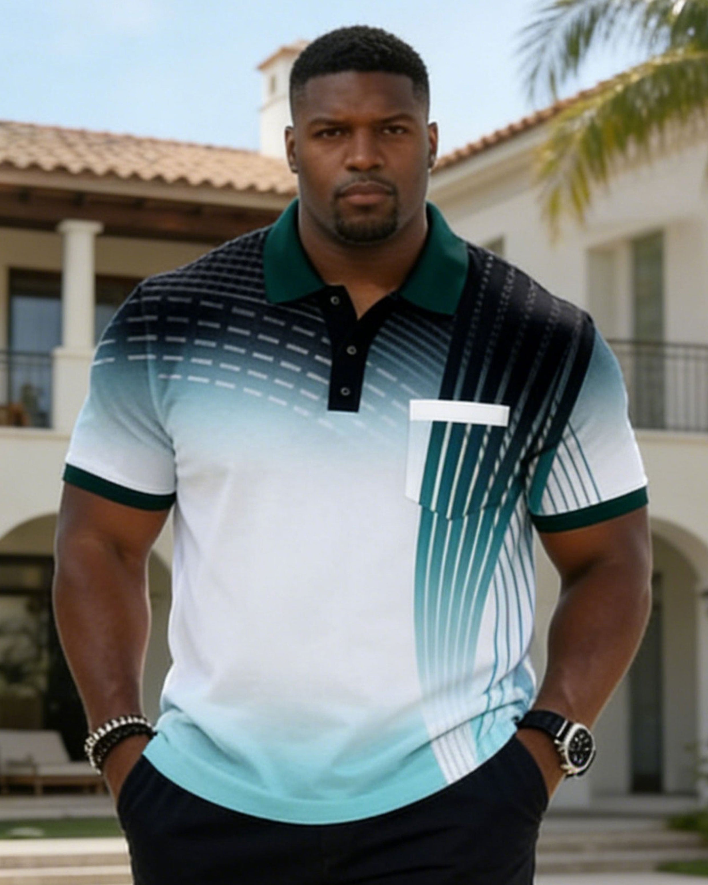 Large Size Men's Linear Gradient Geometric Business Polo Shirt Short Sleeve Shorts Set