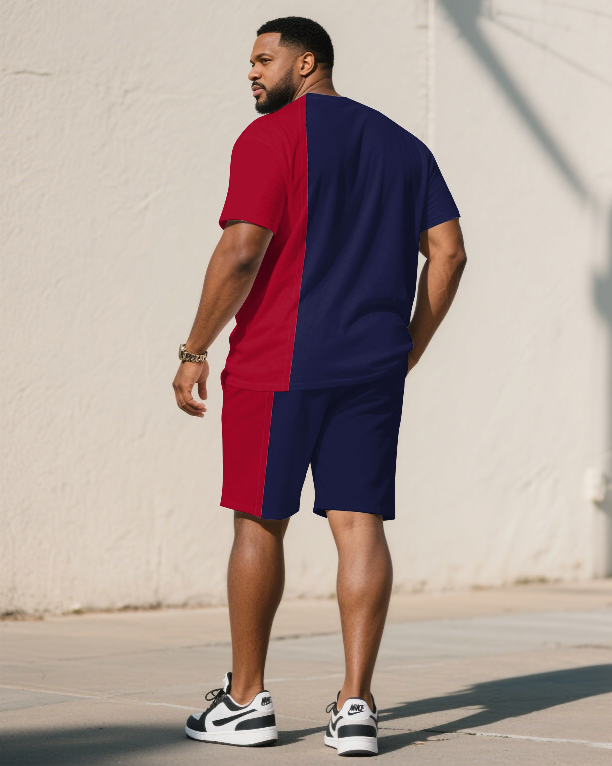 Men's Large Size Color Contrast Simple Short Sleeve Shorts Set