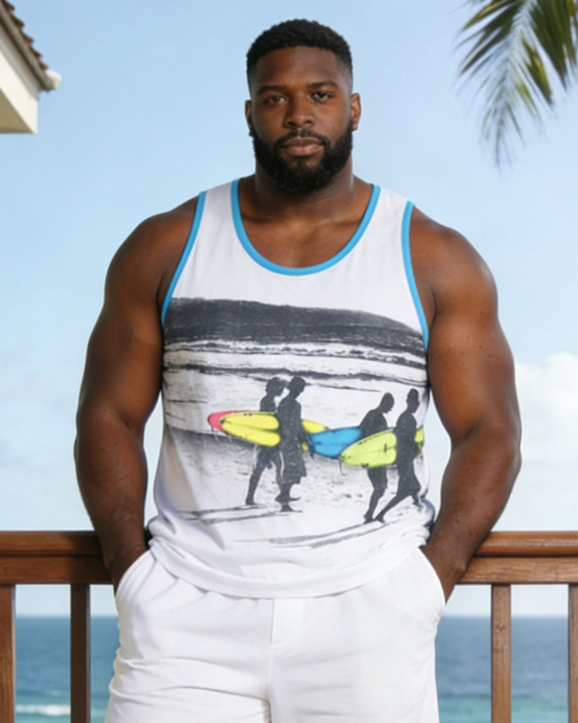 Men's Big & Tall White Seaside Printed Vest Shorts Set