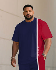 Men's Large Size Color Contrast Simple Short Sleeve Shorts Set