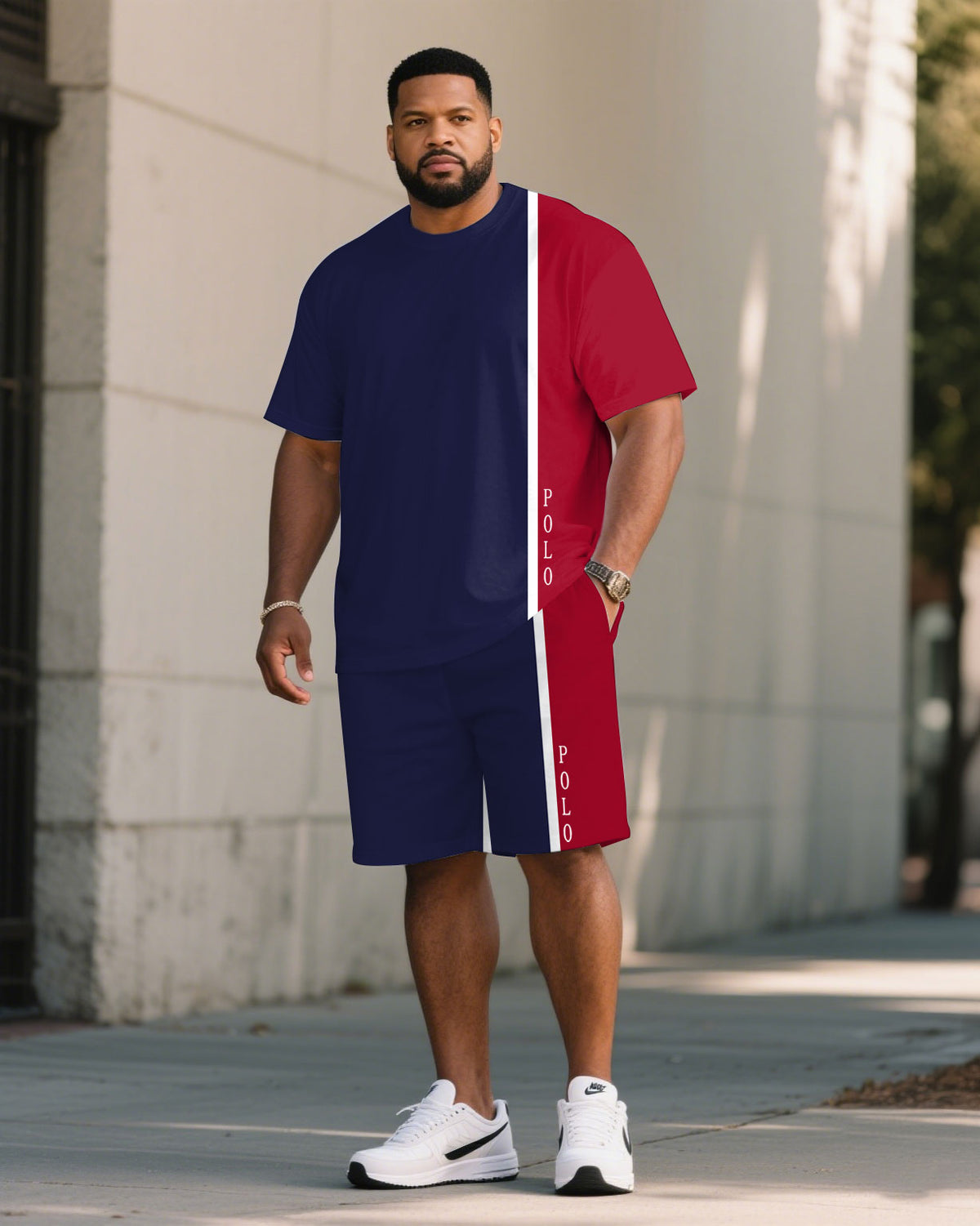Men's Large Size Color Contrast Simple Short Sleeve Shorts Set